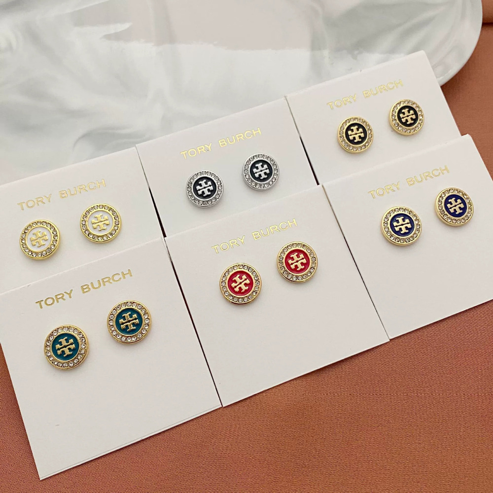Tory Burch Rhinestone Enamel Round Metal Stud Earrings